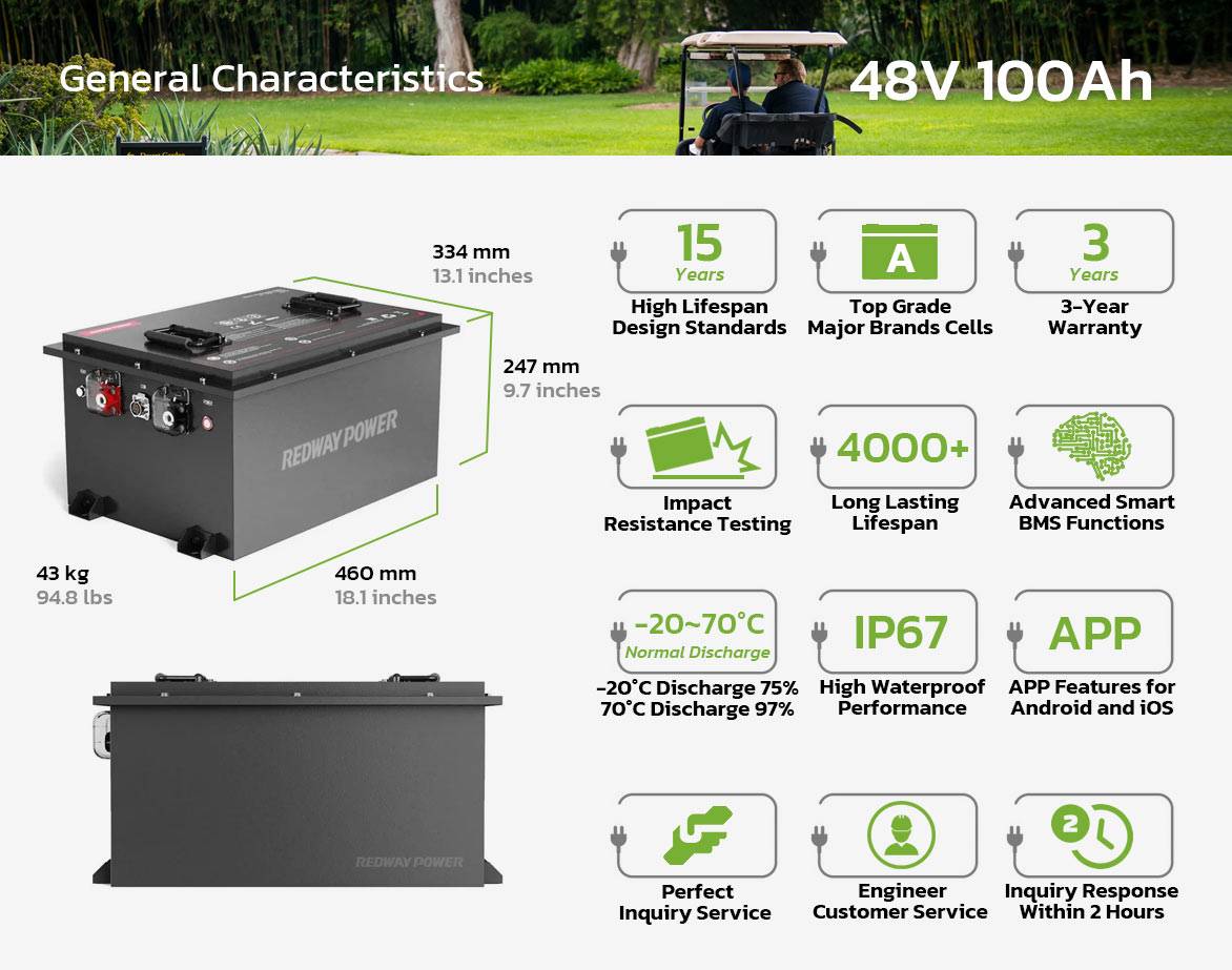 lifepo4 48v 100ah golf cart battery general characteristics