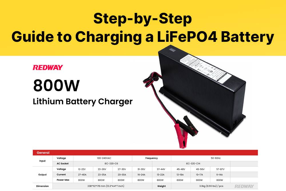Step-by-Step Guide to Charging a LiFePO4 Battery, Charging a Lithium Iron Phosphate (LiFePO4) Battery, redway power lifepo4 800W charger