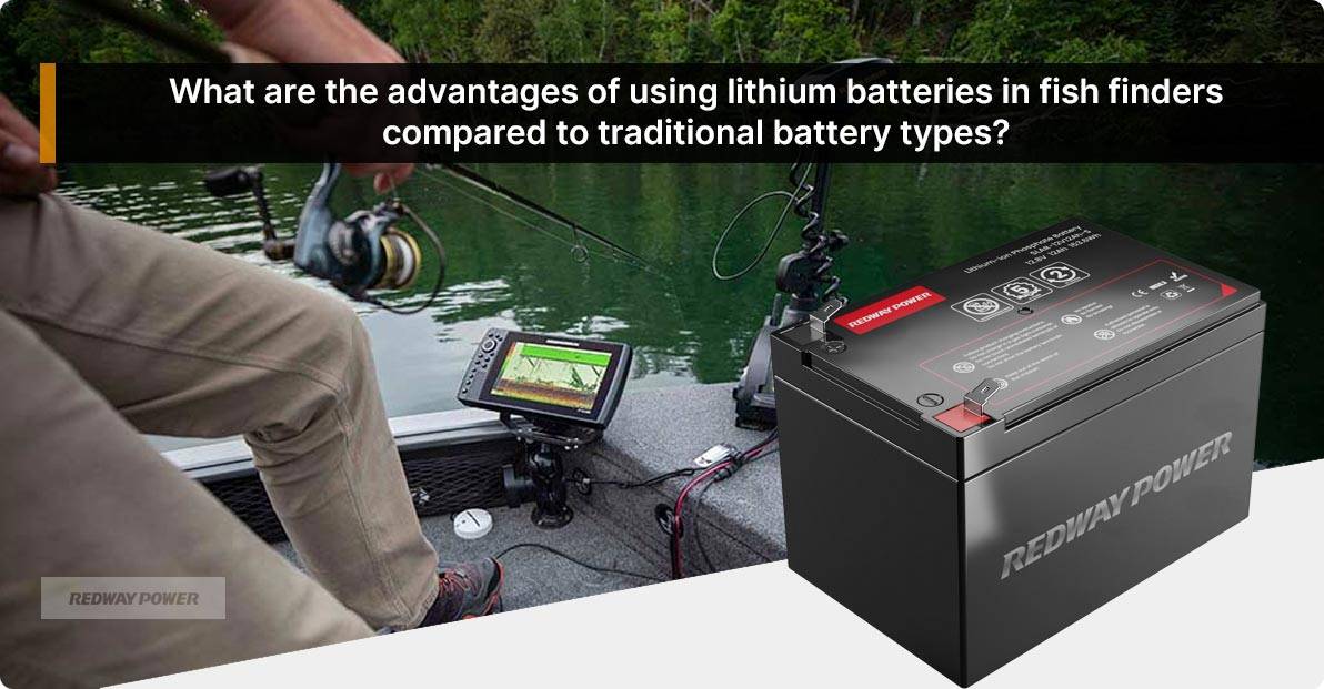 What are the advantages of using lithium batteries in fish finders compared to traditional battery types?
